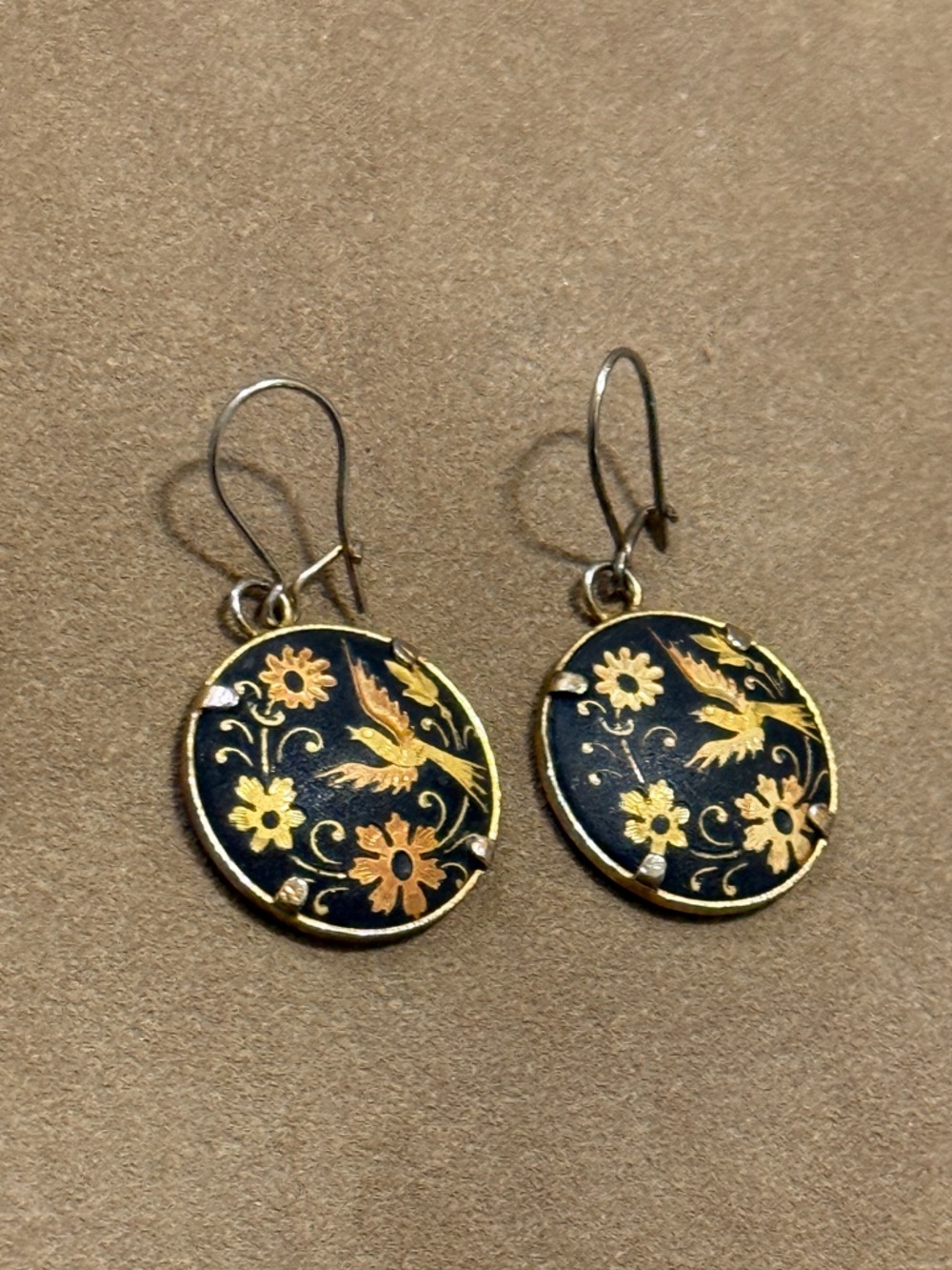 Hand-Painted Black and Gold Floral Drop Earrings